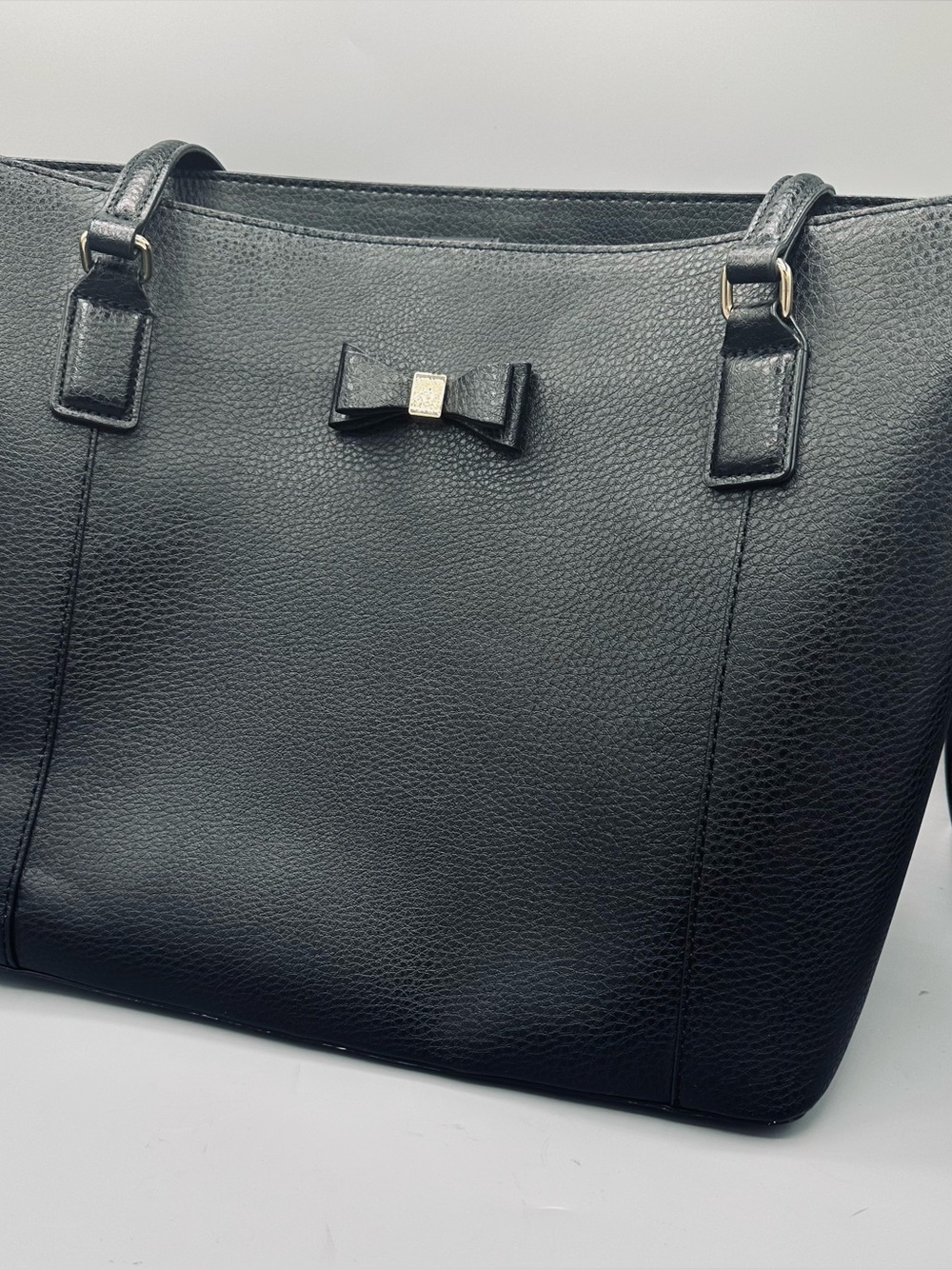 Elegant Anne Klein Black Pebbled Faux Leather Tote Shoulder Bag w/ Bow Accent